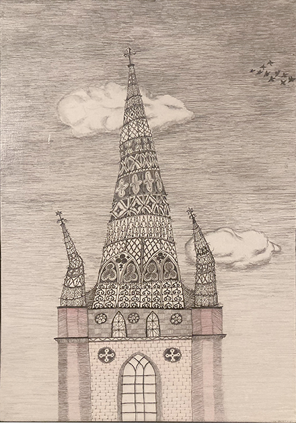 Charlotte Sachs, Riddarholmskyrkan rister, teckning på pannå, 49x34 cm